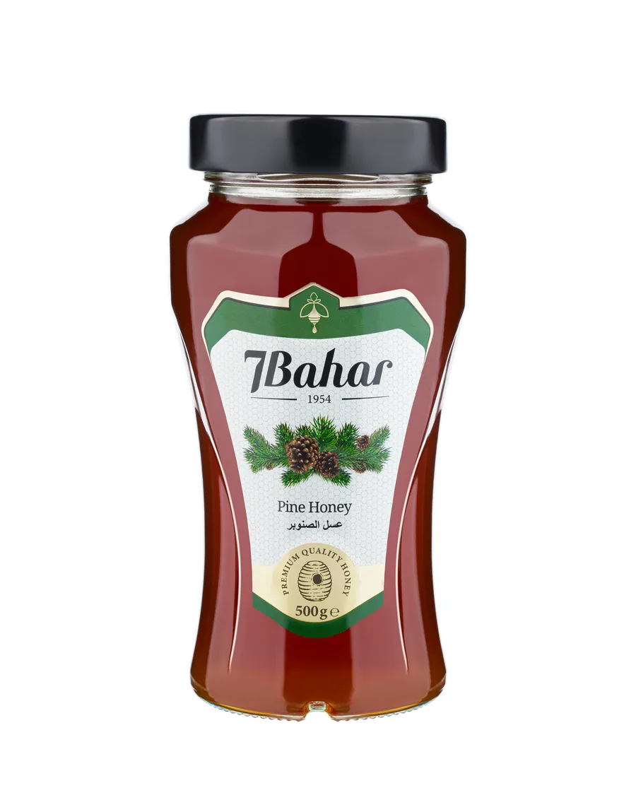 7Bahar çam balı kavanozu, beyaz fonda ürün fotoğrafı