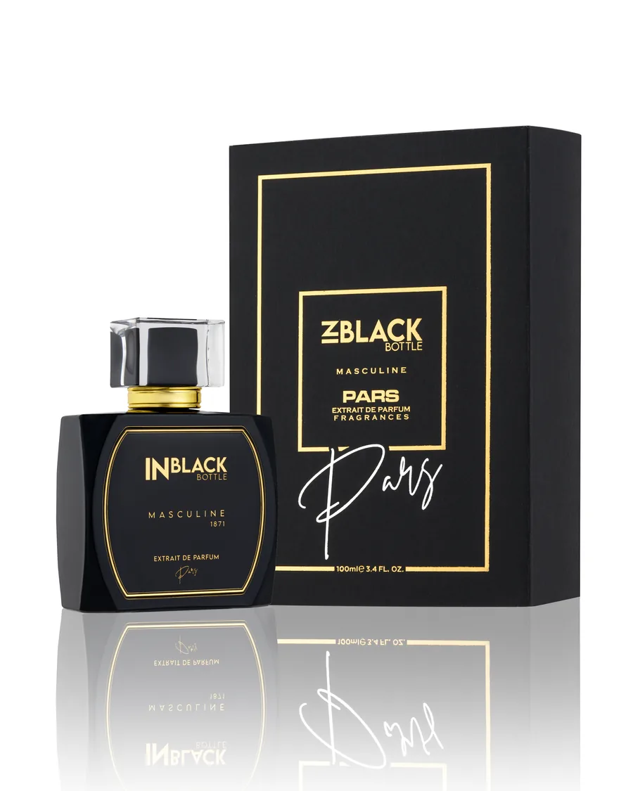 Pars InBlack parfüm şişesi ve siyah-altın kutusu, beyaz fonda yansımalı çekim