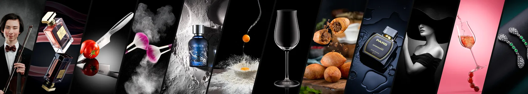 Parfüm, portre, yemek, içecek ve aksesuar çalışmalarından çapraz kolaj